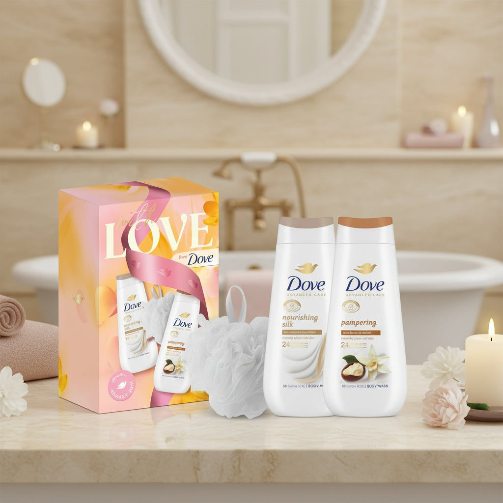 Dove With Love Pampering Body Wash Gift Set – 2 × 225ml & Luxury Shower Puff